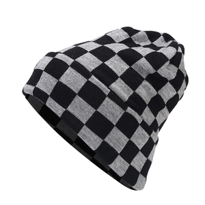 Checkerboard knit beanie in black and gray, warm winter street style hat for outdoors