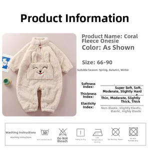 Detail view of cream coral fleece baby romper with bunny ear pockets and sizing chart