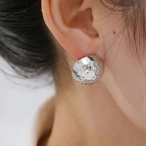 Silver hammered texture geometric stud earrings for women in stainless steel