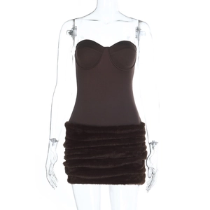 Detail showing brown bodycon dress with plush faux fur hem on a transparent mannequin