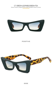 Dettaglio di occhiali da sole cat-eye con montatura verde opaca e aste leopardate