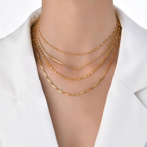 Elegant 18K gold-plated stainless steel layered necklace set on a female model