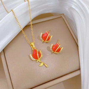 Luxurious gold-plated titanium steel necklace and earring set with red tulip pendants