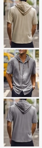 Detailed views of men's casual linen hooded shirt in khaki and grey colors