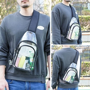 Outdoor shot of a transparent PVC crossbody bag with a black strap worn by a model