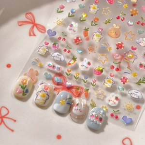 Cute Cartoon Nail Art Stickers Rabbit Star Heart Pattern Laser Holographic 5D Relief Adhesive Manicure Decals