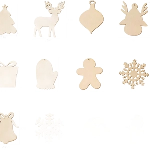 Assorted DIY unfinished wood Christmas ornaments including reindeer and snowflake shapes