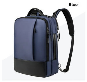 Blue business laptop backpack side view featuring waterproof fabric and black leather base