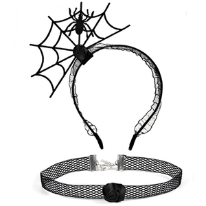 Detailed view of Halloween spider web headband and black rose lace choker set