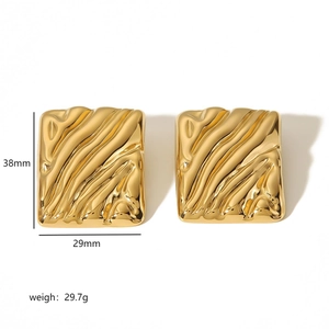 18k gold plated wave textured square stud earrings, size 38mm x 29mm, weight 29.7g