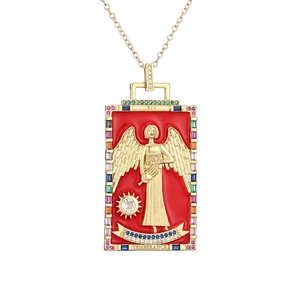Golden Tarot Temperance pendant necklace with red enamel and colorful zirconia stones