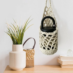 Handmade woven cotton rope cup holder mesh bag for portable coffee bottles and water bottles