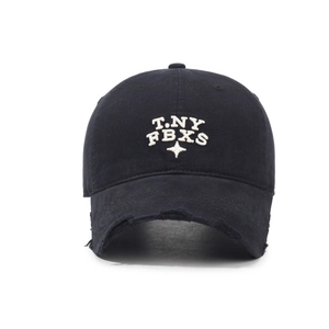 Black distressed cotton baseball cap with white T.NY FBXS embroidery and star detail