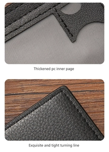 Detail of thickened PC inner page and exquisite tight stitching on black leather wallet