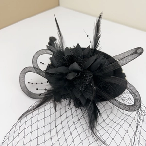 Vintage black mesh fascinator hat with feathers, pearls and mesh veil for parties