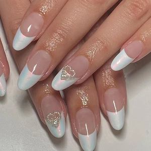 French Style Press On Nails White Tips Silver Heart Rhinestones Almond Shape Artificial False Finger Nails For Women