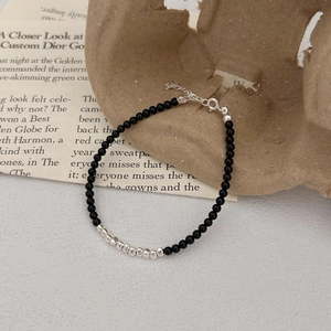 S925 sterling silver beaded bracelet with black onyx stones and adjustable silver chain