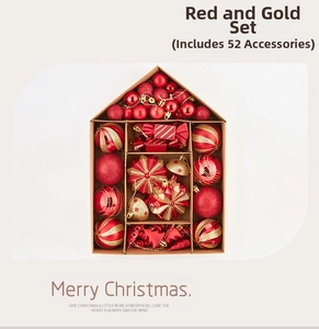 Detailed set of 52 red and gold Christmas ornaments in a house-shaped gift box