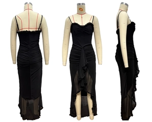 Detail of black camisole dress featuring ruffled bust, ruched bodice and mesh fishtail hem