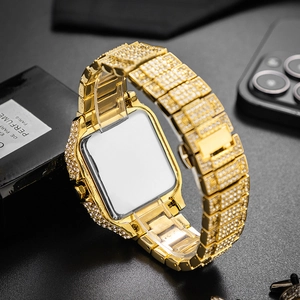 Detailed close-up of iced-out gold luxury modification kit for Apple Watch band