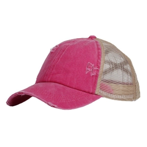 Distressed crisscross ponytail trucker hat in rose red and beige mesh for outdoor sports