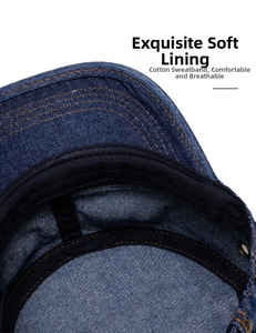 Detail of dark blue denim army cap featuring cotton sweatband and yellow stitching