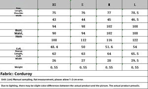 Detailed size chart for corduroy blazer with bust and length specs in centimeters