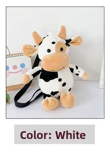 Close-up of plush cow backpack featuring adjustable black straps and soft fabric texture
