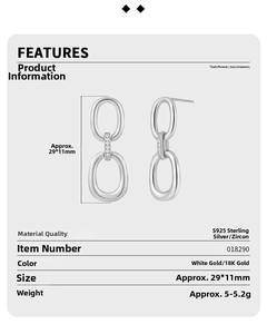 Detail of geometric double link S925 sterling silver earrings with inlaid zircon accents