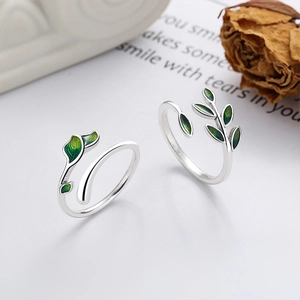Minimalist 925 sterling silver leaf adjustable rings with green enamel accents for women