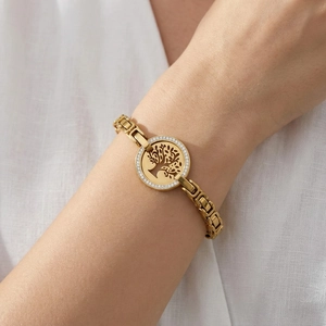 Bracelet arbre de vie doré en acier inoxydable pour femme avec zircons blancs brillants