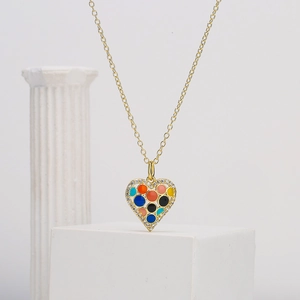18K gold plated heart pendant necklace with colorful enamel and sparkling zircons
