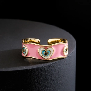 Adjustable 18K gold plated copper ring with pink enamel heart and evil eye patterns