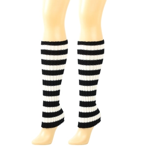 Detail of black and white striped knit leg warmers showing texture on a mannequin