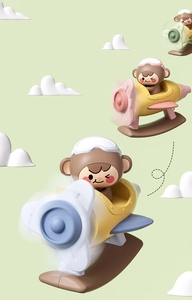 Close-up of a cartoon monkey pilot in a colorful toy airplane with a 3D aesthetic