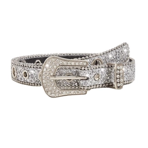 Y2K silver rhinestone belt with needle buckle and sparkling diamond-studded vintage design