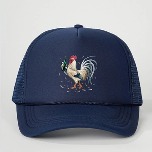 Dark blue trucker hat with a rooster holding a beer bottle illustration and mesh back