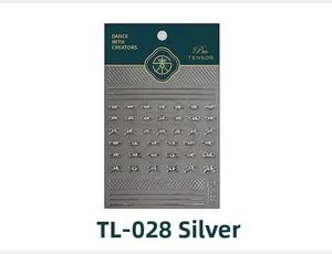 Detailed view of TL-028 5D silver metal bow-shaped nail art stickers on card