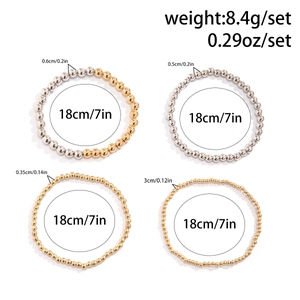 Detailed view of four beaded bracelets with weight and size specifications on white background