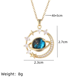 Detail showing starry planet pendant with moon, stars, dimensions 2.7x2.3cm and 8g weight