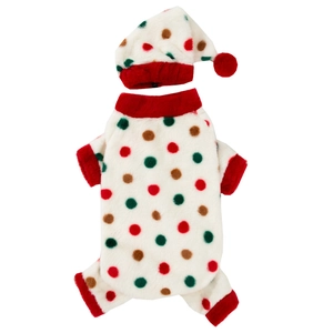 Warm polka dot flannel dog onesie with matching holiday hat for large pets in winter
