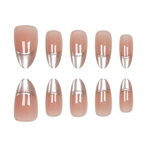 Elegant cat eye French press-on nails in almond shape with pink base and silver accents