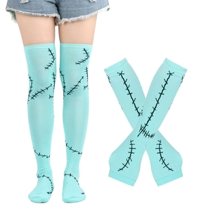 Detailed view of Sally cosplay stitch pattern arm warmers and over-the-knee socks set