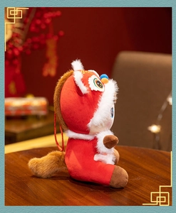 Side view detail of a plush horse mascot wearing a festive red lion dance outfit