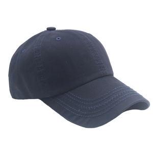 Detailed view of navy cotton baseball cap with ventilation eyelets and curved wavy stitching