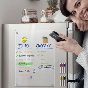 Macro detail of magnetic acrylic weekly planner on fridge with colorful markers