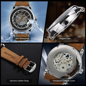 Macro detail of skeleton mechanical watch showing leather strap and movement