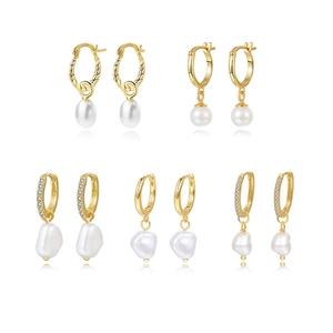 Set of vintage S925 sterling silver hoop earrings with baroque pearl drops for women