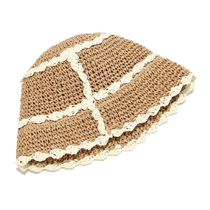 Women's two-tone straw bucket hat with khaki weaving and white crochet lace trim