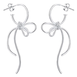 Minimalist S925 sterling silver bow knot earrings in polished silver finish on white background